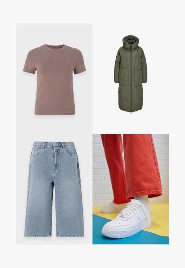 Olíva zöld hosszú párnázott kabát magas gallérral, elülső cipzáras záródással és két nagy elülső zsebbel. Simább, tartós anyag, steppelt textúrával.; Rövid ujjú póló tompa barna színben, sima pamutból készült, klasszikus kerek nyakkal és minimális varrási részletekkel.; Világoskék farmer sort, laza fazonnal, közepes derékkal és látható varrásokkal. Oldalsó és hátsó zsebekkel, valamint gombos záródással rendelkezik.; Fehér bőr edzőcipő perforált orral, texturált talppal és fehér fűzővel, széles vörös nadrággal párosítva, kék és sárga háttérrel.