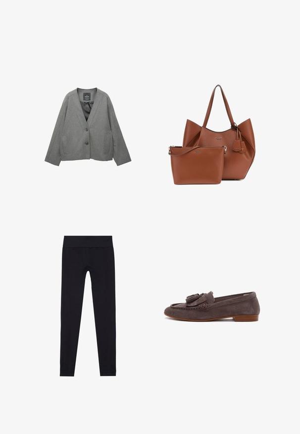 Grey blazer jacket, made of textured fabric, featuring a v-neckline, two front pockets, and a button closure. Lined interior.; Light gray hooded sweatshirt with a soft texture, raglan sleeves, and ribbed cuffs and hem. Simple design, no visible graphics or patterns.; Black leggings with a wide elastic waistband, made of stretchable fabric, featuring a smooth texture and fitted design. No patterns.; Derimod Slip-ons - mink; Brown leather tote bag with a structured shape and two top handles, accompanied by a smaller matching pouch with a zipper. Both feature logo accents.