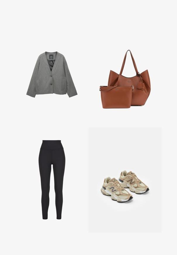 Szürke blézerdzseki, texturált anyagból készült, V-nyakú, két elülső zsebbel és gombos záródással. Bélelt belső.; Világosszürke kapucnis pulóver puha textúrával, raglán ujjal és bordás mandzsettával és aljjal. Egyszerű dizájn, nincs látható grafika vagy minta.; Magas derekú fekete leggings, rugalmas anyagból készült, sima felülettel és testhezálló kialakítással, látható varrások vagy minták nélkül.; Beige sportcipők hálós és bőrszövet anyagból. Fekete logóval és texturált részletekkel rendelkezik. Vastag fehér középtalpa és fekete gumi talpa van.; Barna bőr tote táska, struktúrált formával és két felső fogantyúval, egy kisebb, cipzáros, illeszkedő tok kíséretében. Mindkettő logókkal van díszítve.