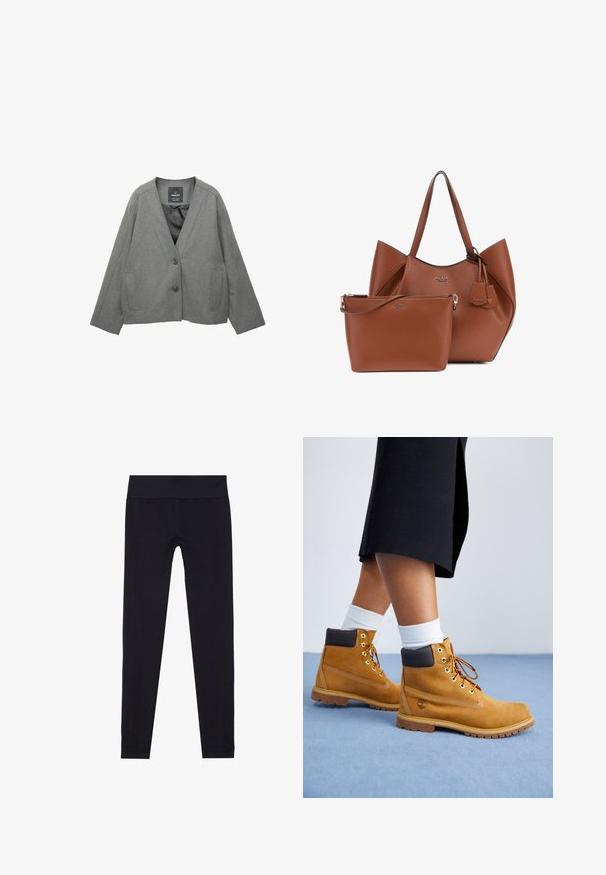 Grijze blazerjack, gemaakt van een gestructureerde stof, met een V-hals, twee voorzakken en een knoopsluiting. Gevoerde binnenkant.; Lichtgrijze hoodie met een zachte textuur, raglanmouwen en ribgebreide manchetten en onderrand. Eenvoudig ontwerp, zonder zichtbare graphics of patronen.; Zwarte leggings met een brede elastische tailleband, gemaakt van rekbare stof, met een gladde textuur en een aansluitend ontwerp. Geen patronen.; Tan suède enkellaarsjes met bruine leren accenten, gouden oogjes en een getextureerde zool. Witte sokken zichtbaar boven de laarsjes.; Bruine leren tote bag met een gestructureerde vorm en twee handvatten bovenaan, vergezeld van een kleinere bijpassende pouch met een rits. Beide hebben logo-accenten.