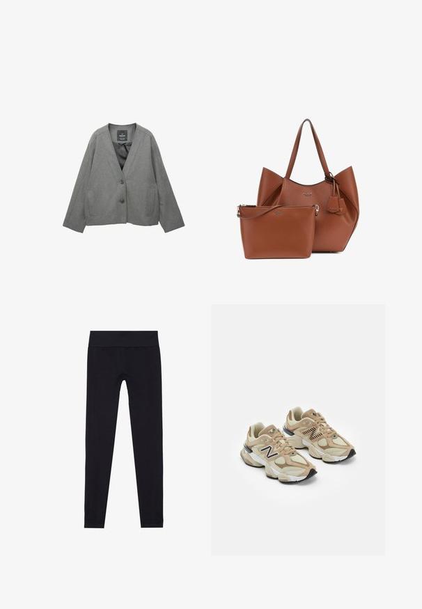 Sivý blejzer, vyrobený z textúrovanej tkaniny, s v-výstrihom, dvoma prednými vreckami a zapínaním na gombík. Podšívkovaný interiér.; Svetlošedá mikina s kapucňou a mäkkou textúrou, raglánové rukávy a rebrované manžety a lem. Jednoduchý dizajn, bez viditeľných grafík alebo vzorov.; Čierne legíny so širokým elastickým pásom, vyrobené z elastického materiálu, so hladkou textúrou a priliehavým strihom. Bez vzorov.; Béžové tenisky s kombináciou sieťoviny a semišu. Obsahujú čierne logo a štruktúrované akcenty. Hladká biela medzipodrážka a čierna gumová podrážka.; Hnedá kožená taška na plece so štruktúrovaným tvarom a dvoma hornými uchami, sprevádzaná menšou zodpovedajúcou taštičkou so zipsom. Obe obsahujú logové akcenty.