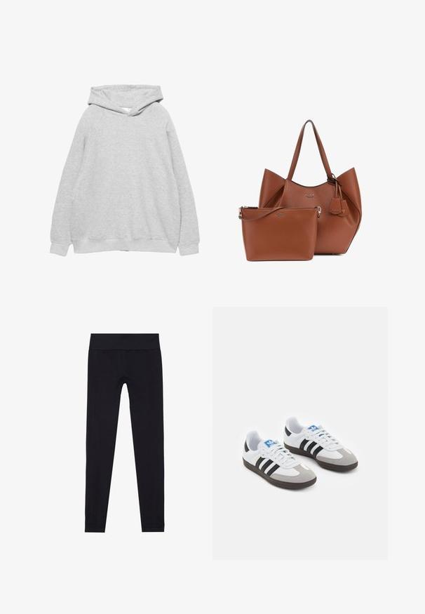 Szary blezer, uszyty z teksturowanej tkaniny, z dekoltem w kształcie litery V, dwiema przednimi kieszeniami i zapięciem na guzik. Podszewka wewnętrzna.; Jasnoszara bluza z kapturem o miękkiej fakturze, z raglanowymi rękawami oraz ściągaczami na mankietach i dolnym brzegu. Prosty design, bez widocznych grafik czy wzorów.; Czarne legginsy z szerokim elastycznym paskiem, wykonane z rozciągliwego materiału, charakteryzujące się gładką teksturą i dopasowanym krojem. Bez wzorów.; Buty sportowe z białą skórzaną cholewką, szarym zamszowym noskiem i trzema czarnymi paskami. Posiadają niebieskie logo na języku oraz teksturowaną gumową podeszwę.; Brązowa skórzana torba typu tote o usztywnionym kształcie i dwóch górnych uchwytach, w zestawie z mniejszym dopasowanym etui z zamkiem błyskawicznym. Oba elementy mają akcenty z logo.