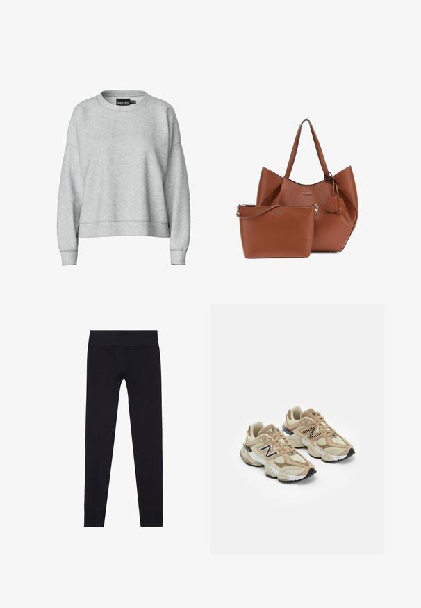 Szürke blézerdzseki, texturált anyagból készült, V-nyakú, két elülső zsebbel és gombos záródással. Bélelt belső.; Szürke pulóver, kerek nyakkal és lelógó vállakkal. Puha anyagból készült, cropped fazonnal és bordázott mandzsettákkal rendelkezik. Egyszerű címkével a gallérnál.; Fekete leggings széles, rugalmas derékpánttal, nyújtható anyagból készült, sima felülettel és testhez simuló szabással. Nincsenek minták.; Beige sportcipők hálós és bőrszövet anyagból. Fekete logóval és texturált részletekkel rendelkezik. Vastag fehér középtalpa és fekete gumi talpa van.; Barna bőr tote táska, struktúrált formával és két felső fogantyúval, egy kisebb, cipzáros, illeszkedő tok kíséretében. Mindkettő logókkal van díszítve.