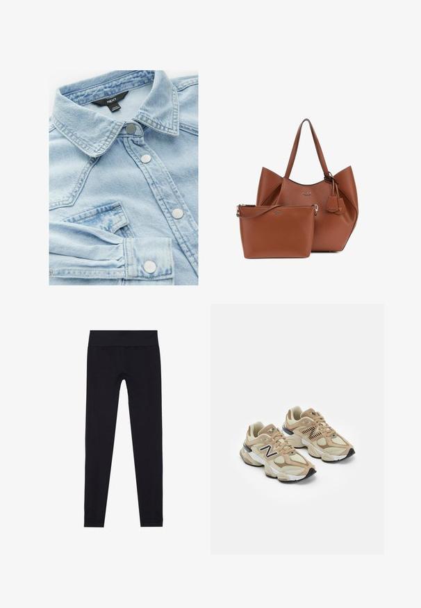 Grijze blazerjack, gemaakt van een gestructureerde stof, met een V-hals, twee voorzakken en een knoopsluiting. Gevoerde binnenkant.; Lichtblauwe denimjack met een klassieke kraag, zilveren knopen en een borstzak; heeft een licht vervaagde textuur en stikdetails.; Zwarte leggings met een brede elastische tailleband, gemaakt van rekbare stof, met een gladde textuur en een aansluitend ontwerp. Geen patronen.; Beige sneakers van mesh en nubuck materialen. Bevat een zwart logo en gegrandeerde accenten. Dikke witte tussenzool en zwarte rubberen buitenzool.; Bruine leren tote bag met een gestructureerde vorm en twee handvatten bovenaan, vergezeld van een kleinere bijpassende pouch met een rits. Beide hebben logo-accenten.