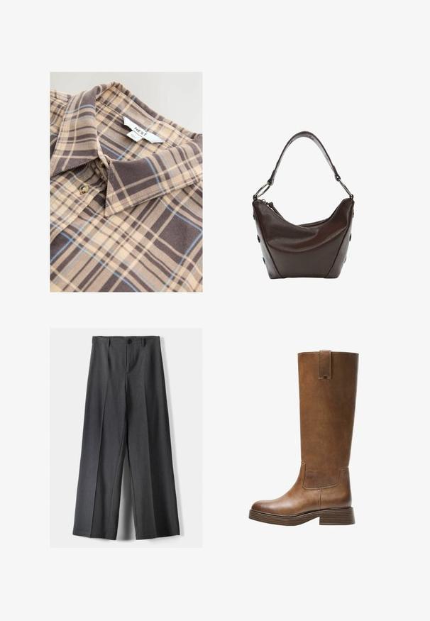 Harmaa bleiseri, valmistettu teksturoidusta kankaasta, jossa on V-pääntie, kaksi etupussia ja napitus. Vuorattu sisustus.; Ruosteinen beige paita, jossa on ruskeat ja siniset ruutukuviot, kaulus ja nappikiinnitys. Valmistettu pehmeästä kankaasta, jossa on sileä pinta.; Housut, joissa on leveät lahkeet tummanharmaasta kankaasta. Varustettu napin sulkemisella, etupleiteillä ja vyölenkeillä. Sujuva rakenne ja räätälöity muotoilu.; Kahvipronssinen polvipituinen saapas, jossa on pyöristetty kärki, teksturoitu pinta ja matala pinoheijastin. Varressa on sivupaneeli ja vetotappi ylhäällä.; Tumma ruskea nahkalaukku, jossa on kaareva muoto, vetoketjusuljenta ja lyhyt kahva. Varustettu metalliosilla ja koristeellisilla mustilla nappuloilla sivuilla.