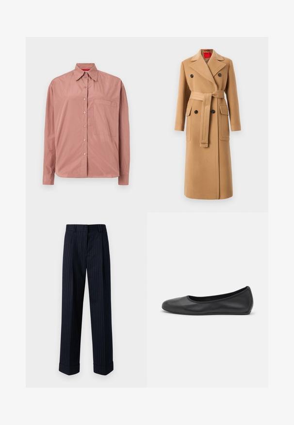Beige uldblanding frakke med bælte i taljen, dobbeltknappet design og store klaplommer. Bemærkelsesværdig peak-lapel og glat tekstur.; Langærmet, knap-op skjorte i støvet pink, lavet af blødt stof. Har en brystlomme og en struktureret krave. Knapperne er farvematchede.; Marineblå bredbenede bukser med et stribet mønster i guld, fremstillet af et glat stof, med opsmøgede ben og frontlommer.; Sort læderballetsko med rund tå, glat tekstur, minimal syning og et fleksibelt såldesign.