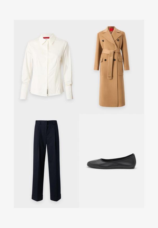 Abrigo de mezcla de lana beige con cintura ceñida por cinturón, diseño doble botonadura y grandes bolsillos de solapa. Solapa de pico notable y textura suave.; Camisa blanca de cuello clásico en una tela suave, con mangas largas, cierre de botones y un corte entallado con sutiles pinzas frontales para darle forma.; Los pantalones de pierna ancha de color azul marino presentan un patrón de rayas en dorado, confeccionados en una tela suave, con dobladillos en los tobillos y bolsillos frontales.; Bailarina de piel negra con punta redondeada, textura suave, detalle de costura minimalista y diseño de suela flexible.