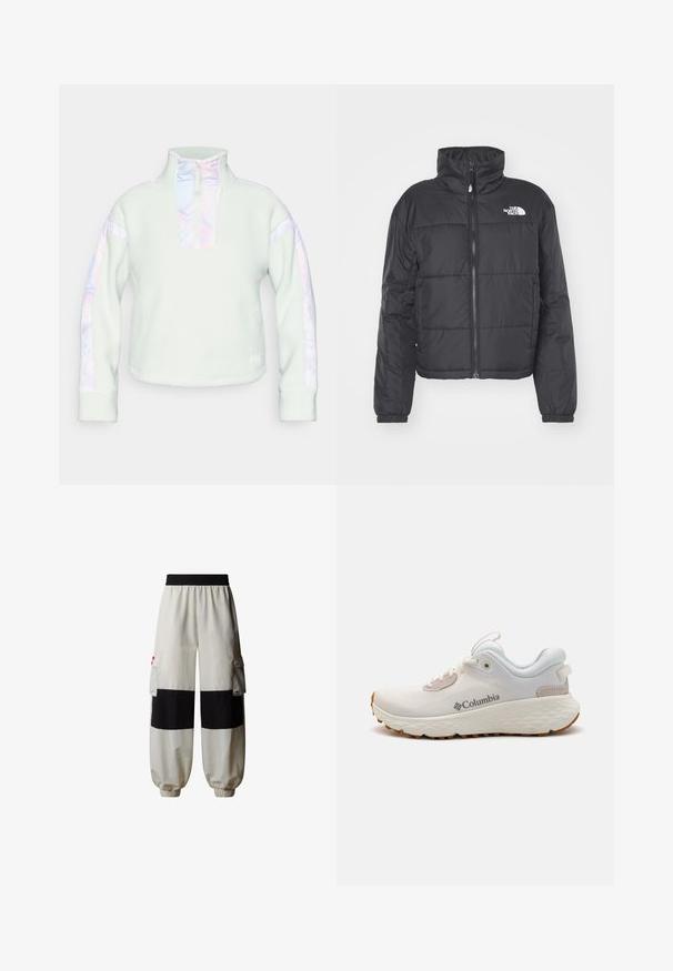 Giubbotto nero imbottito con colletto alto, dotato di zip frontale completa, polsini elastici e pattern di cucitura orizzontale. Logo sul lato sinistro del petto.; Pullover in pile color menta chiaro con colletto a mezza zip. Presenta strisce iridescenti sui maniche e un materiale testurizzato.; The North Face HIMALAYAN - Pantaloni cargo - white dune tnf black; Scarpa atletica leggera Columbia in rete bianca con suola grigia testurizzata e trazione in gomma. Presenta un colletto imbottito e un design con lacci.