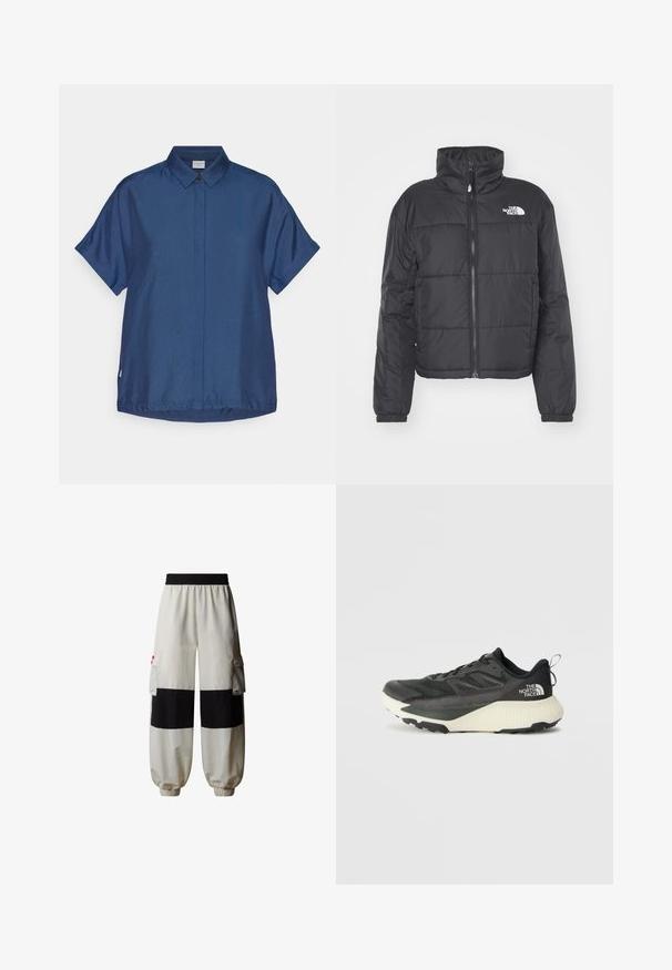 Zwarte gewatteerde jas met hoge kraag, voorzien van een volledige rits aan de voorkant, elastische manchetten en een horizontaal stikselpatroon. Logo op de linkerborst.; Marineblauwe overhemd met korte mouwen, gemaakt van een gladde stof. Kenmerkt zich door een klassieke kraag, een sluiting met knopen aan de voorkant en een relaxte pasvorm met een rechte zoom.; The North Face HIMALAYAN - Cargobroek - white dune tnf black; Zwarte sportieve schoen met een gestructureerde bovenkant, voorzien van grijze accenten en een witte tussenzool. Inclusief een trekhaak en een opvallend merklogo op de hiel.