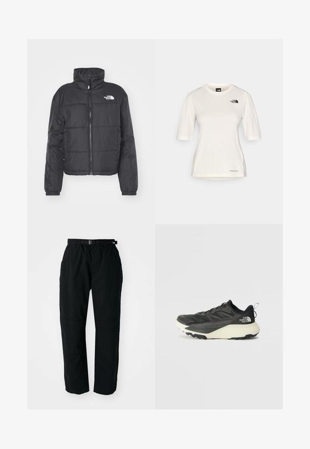 Svart puffjakke med høy krage, har full front glidelås, elastiske mansjetter og horisontal søm mønster. Logo på venstre bryst.; The North Face SHADOW SHORT SLEEVE - T-skjorte til trening - white dune; Svarte lettvektsbukser med elastisk midjebånd og justerbart belte. Har smale ben og forsterkede knepaneler for holdbarhet.; Svart treningssko med teksturert overdel, med grå detaljer og hvit såle. Har en pull tab og fremtredende merkevarelogo på hælen.