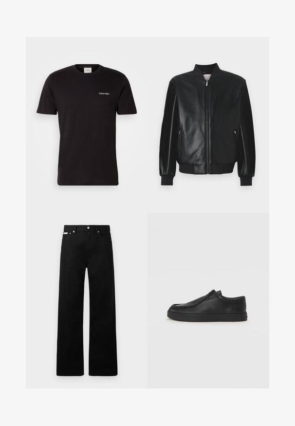 Melnā bomber jakā spīdīgā ādā ar paceltu apkakli, rāvējslēdzēja priekšpusi un ribotām piedurknēm. Noformējuma iekļauj sānu kabatas un gludu faktūru.; Melnas kokvilnas T-krekls ar īsām piedurknēm, apaļu kakla izgriezumu un mazu baltu "Calvin Klein" logotipu uz krūtīm. Mīksta tekstūra. Ikdienas piegriezums.; Melni džinsi ar platajiem bikšu dizainu, ar piecām kabatām un metāla pogām. Gluda tekstūra, bez redzamām rakstu detaļām.; Melnas ādas slip-on kurpes ar noapaļotu purngalu, šūšanas detaļām un melnu gumijas zoli. Gluda tekstūra ar minimālistisku dizainu.