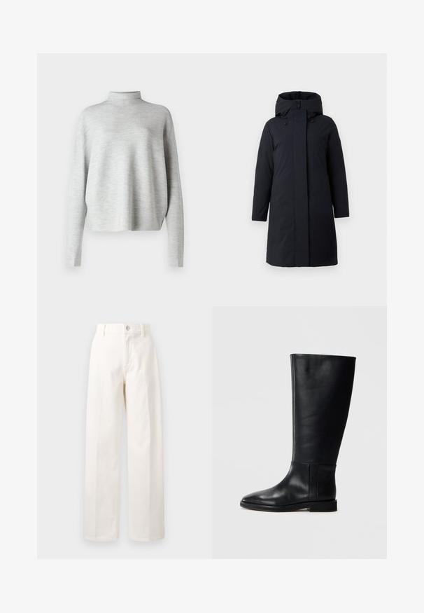 Cappotto lungo nero con cappuccio, dal taglio dritto, dotato di chiusura con zip, tasche laterali e dettagli con coulisse sul cappuccio. Texture liscia.; Maglione a dolcevita grigio chiaro, realizzato in tessuto morbido, con maniche lunghe e una vestibilità rilassata, caratterizzato da una texture liscia e fine.; Pantaloni bianchi a gamba larga in cotone, con chiusura frontale a bottone, passanti per la cintura e taglio dritto senza motivi visibili.; Stivale in pelle nera al ginocchio con punta arrotondata, texture liscia, design minimalista e suola piatta. Dettagli di cucitura semplici sulla gamba.