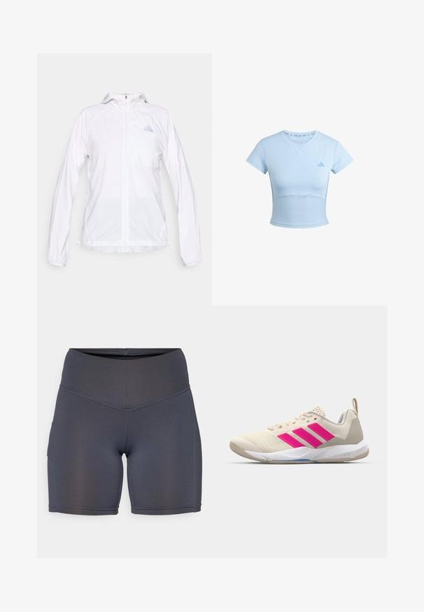 Bijela lagana sportska jakna s patentnim zatvaračem, kapuljačom i dugim rukavima, s malim reflektirajućim Adidas logotipom na lijevoj strani prsa.; Svijetloplavi skraćeni sportski majica s kratkim rukavima, rebrasti donji dio i suptilan logo na prsima. Glatka tekstura, prilagođen dizajn.; Tamno sivi atletski šortsevi napravljeni od glatkog, rastezljivog materijala. Imaju visoki pojas i kontrastnu šavove, uz detalj bočne džepa.; Bež sportska cipela s ružičastim logotipom u obliku tri pruge, gornjište od teksturirane mrežice, podstavljeni ovratnik i bijela gumena đon, s "LIGHTSTRIKE" brendom.