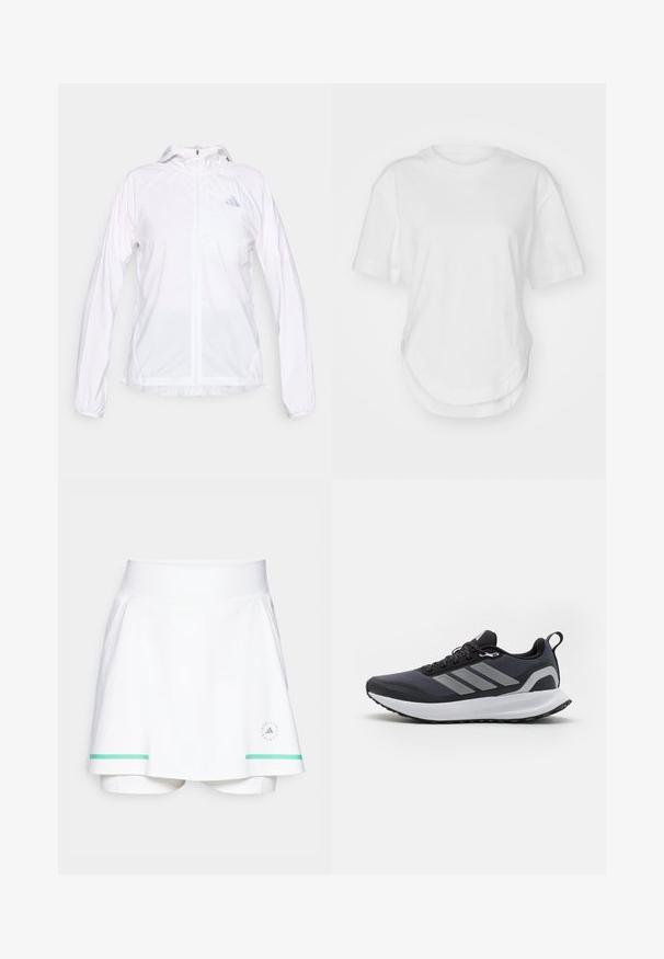 Casaco desportivo branco leve com fecho e capuz, mangas compridas, com um pequeno logótipo refletor da Adidas no lado esquerdo do peito.; T-shirt branca de algodão com decote redondo, mangas curtas e bainha curva. Textura suave sem padrões ou detalhes.; Saia de ténis branca com calções incorporados, com um cós largo, riscas verdes como detalhe e um logótipo no canto inferior esquerdo.; Sapatilha desportiva preta com parte superior de malha, sola intermédia branca, sola de borracha texturizada e três riscas cinzentas de lado. Apresenta atacadores e uma alça.