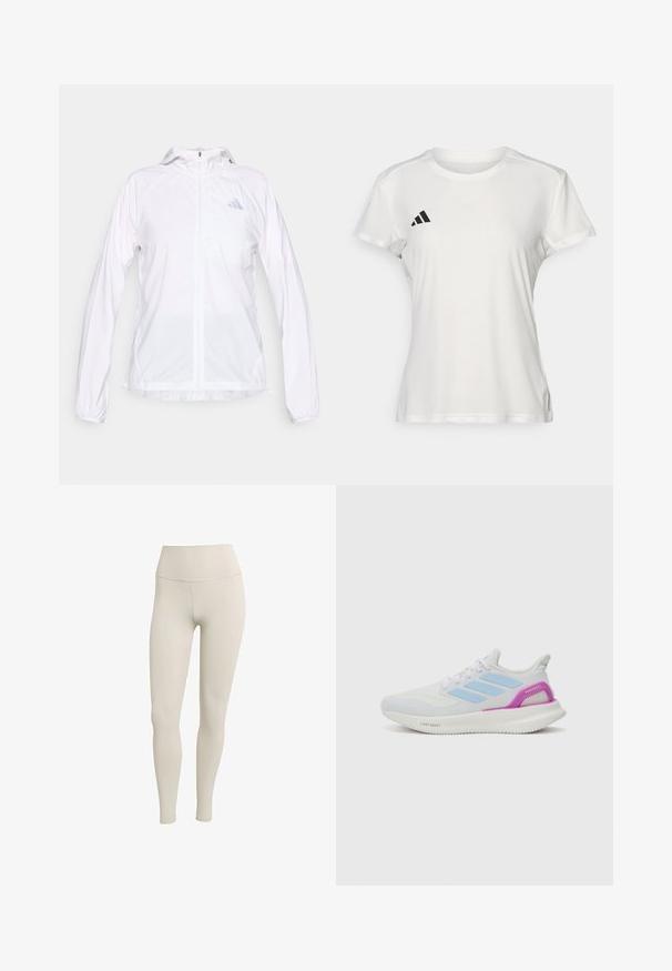 Chaqueta deportiva blanca ligera con cremallera y capucha, de manga larga, con un pequeño logo reflectante de Adidas en el pecho izquierdo.; Camiseta deportiva blanca hecha de tejido que absorbe la humedad. Mangas cortas, cuello redondo, presenta un logo negro y un emblema de tres rayas en el lado izquierdo del pecho.; Leggings beiges hechos de una tela elástica con una cintura alta. Textura suave, diseño ajustado, sin patrones visibles ni herrajes.; adidas Performance PUREBOOST 5 - Zapatillas running asfalto - white/glow blue/purple burst