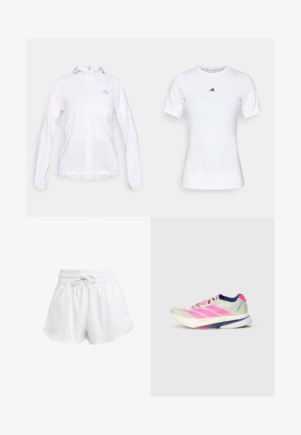 White lightweight zip-up sports jacket with hood and long sleeves, featuring a small reflective Adidas logo on the left chest.; White athletic shirt with short sleeves, made of smooth, stretch fabric. Features a small black Adidas logo on the chest.; White athletic shorts with an elastic waistband and adjustable drawstring. Made from lightweight material, featuring side pockets and a loose fit.; Running shoe with a lightweight mesh upper in pale green and pink stripes, purple accents, and a thick white sole labeled "LIGHTSTRIKE PRO."