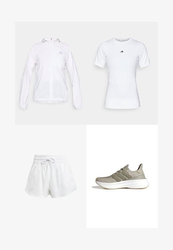 White lightweight zip-up sports jacket with hood and long sleeves, featuring a small reflective Adidas logo on the left chest.; White athletic shirt with short sleeves, made of smooth, stretch fabric. Features a small black Adidas logo on the chest.; White athletic shorts with an elastic waistband and adjustable drawstring. Made from lightweight material, featuring side pockets and a loose fit.; Light grey athletic shoes with a mesh upper, three horizontal stripes, padded collar, and a white textured midsole. Rubber outsole.