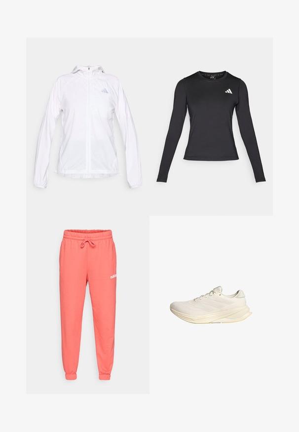 Casaco desportivo branco leve com fecho e capuz, mangas compridas, com um pequeno logótipo refletor da Adidas no lado esquerdo do peito.; Camisa de atletismo preta de mangas longas feita de um material suave e elástico. Apresenta um logótipo branco no peito. Design ajustado com decote redondo.; Calças de moletom corais com um cós elástico e cordão ajustável. Com punhos nos tornozelos e logotipo da Adidas em branco impresso no quadril.; Sapatilha desportiva bege claro com parte superior em malha, atacadores planos e sola acolchoada. Apresenta um design de três riscas no lado lateral.