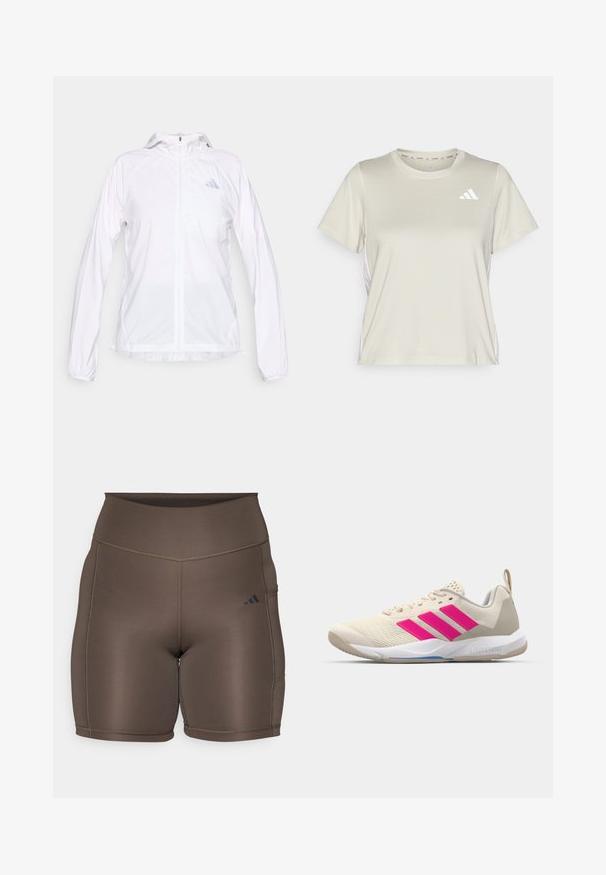 Weißes, leichtes Sport-Jacke mit Reißverschluss, Kapuze und langen Ärmeln, mit einem kleinen reflektierenden Adidas-Logo auf der linken Brust.; adidas Performance TRAIN ESSENTIALS 3STRIPES WORKOUT - Sport T-Shirt - alumina/white; Braune Sportshorts mit glatter Textur, hohem Taillenbund und kontrastierenden dunklen Nähten. Mit kleinem schwarzem Logo auf der linken Seite.; Beige Sportsschuh mit pinkem Dreistreifen-Logo, strukturiertem Mesh-Obermaterial, gepolstertem Schaft und weißer Gummisohle, mit "LIGHTSTRIKE"-Branding.