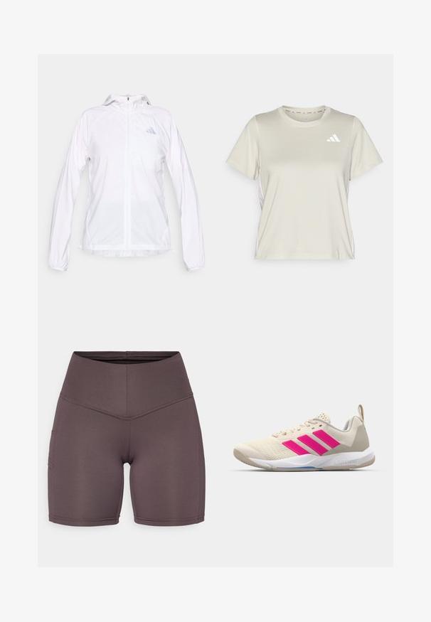 Valkoinen kevyt vetoketjullinen urheilutakki, jossa on huppu ja pitkät hihat. Vasemmassa rinnassa pieni heijastava Adidas-logo.; adidas Performance TRAIN ESSENTIALS 3STRIPES WORKOUT - Tekninen t-paita - alumina/white; Korkeavyötäröiset, istuvat shortsit pehmeästä, joustavasta kankaasta hillityssä ruskeassa värissä. Varustettu litteillä saumoilla ja sivutaskuilla.; Beige urheilujalkine, jossa on vaaleanpunainen kolmonen-striippi-logo, teksturoitu verkko-yläosa, pehmustettu kaulus ja valkoinen kumipohja, jossa on "LIGHTSTRIKE" -brändäys.