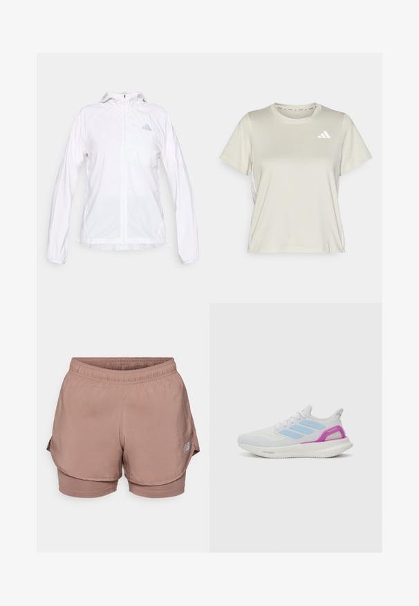 Witte, lichtgewicht sportjas met rits, capuchon en lange mouwen, met een klein reflecterend Adidas-logo op de linkerborst.; adidas Performance TRAIN ESSENTIALS 3STRIPES WORKOUT - Sport T-shirt - alumina/white; Lichtroze sportshorts met een elastische tailleband, gelaagde uitvoering en een reflecterend logo-detail aan de zijkant. Glad materiaal.; adidas Performance PUREBOOST 5 - Hardloopschoenen voor op de weg - white/glow blue/purple burst