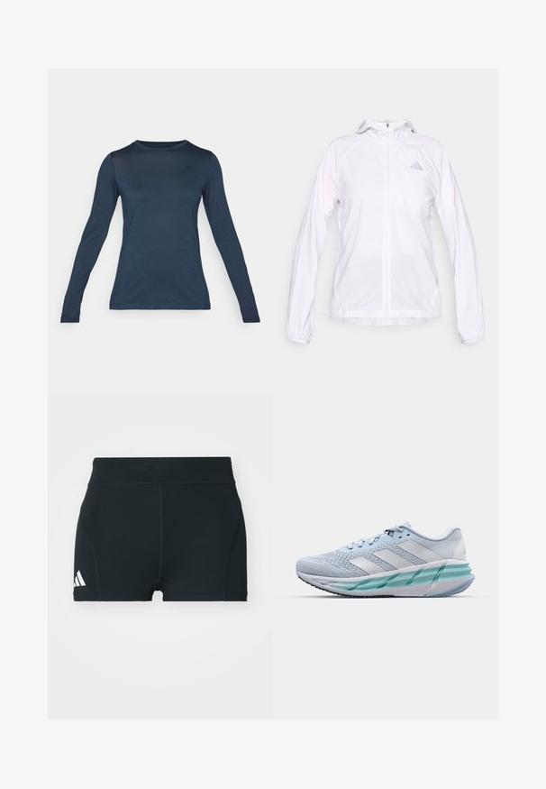 Jachetă sport ușoară albă cu fermoar, glugă și mâneci lungi, având un mic logo reflectorizant Adidas pe pieptul stâng.; Cămașă cu mâneci lungi în nuanță închisă de bleu marin, fabricată dintr-un material ușor. Prezintă un guler rotund și un mic emblema pe piept. Textură netedă.; Pantaloni scurți atletici negri, dintr-un material elastic, cu un talie înaltă, formă ajustată și logo-ul alb Adidas pe partea stângă.; Încălțăminte sport de culoare albastră deschisă, cu un material superior texturat din tricot, accente albe și o talpă intermediară verde transparentă. Vârf rotunjit și guler căptușit.