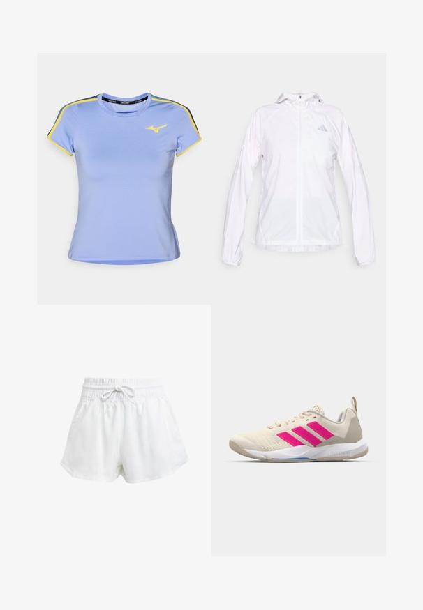 Balta viegla sporta jaka ar rāvējslēdēju, kapuci un garām piedurknēm, kreisajā krūtī ar mazu atstarojošu Adidas logotipu.; Gaiši zils sporta krekls ar īsām piedurknēm, ar dzeltenām un tumši zilām plecu svītrām un mazu dzeltenu logo uz krūtīm.; Baltas sporta šorts ar elastīgu jostu un regulējamu auklu. Izgatavoti no viegla materiāla, ar sānu kabatām un brīvu piegriezumu.; Beige sporta apavi ar rozā trīs svītru logotipu, strukturētu acu augšdaļu, mīkstu apkaklīti un balto gumijas zoli, ar "LIGHTSTRIKE" zīmolu.