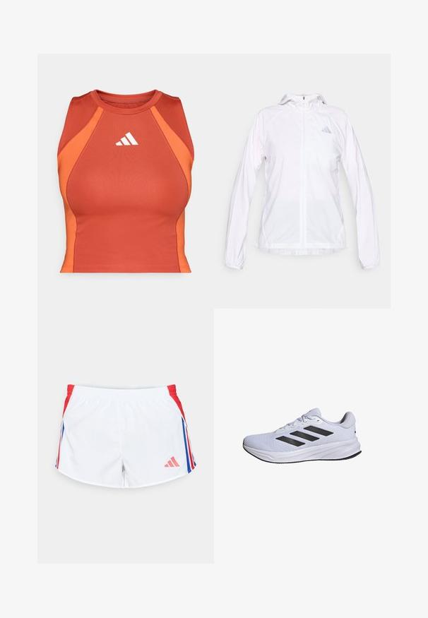 White lightweight zip-up sports jacket with hood and long sleeves, featuring a small reflective Adidas logo on the left chest.; Orange athletic crop top made of smooth, stretchy material. Features a racerback design and white logo on the front.; White sports shorts with red side panels featuring blue stripes. Elastic waistband and logo on the lower left side. Smooth fabric texture.; adidas Performance RESPONSE - Road running shoes - cloud white core black cloud white