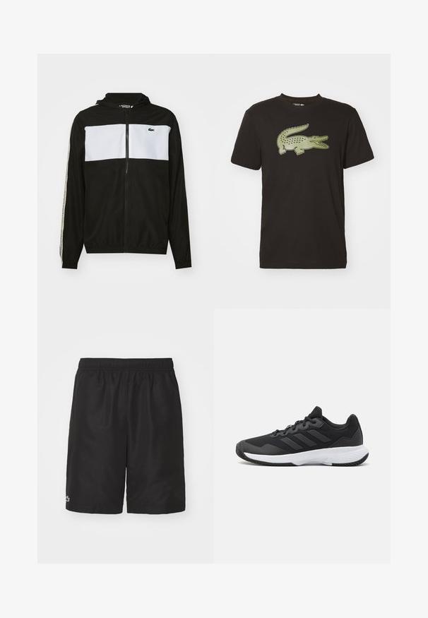 Melnā un baltā krāsā zip-up džemperis ar kapuci, ar horizontālu baltu paneli, elastīgām piedurknēm un Lacoste logotipu kreisajā krūtī.; Melna kokvilnas t-krekls ar zaļu krokodila grafiku, apaļu kakla izgriezumu, īsām piedurknēm un brīvu piegriezumu. Nav papildu dizainu vai rakstu.; Melnas sporta šortus no viegla auduma ar elastīgu vidukli un mazu zaļu logo apakšējā kreisajā kājā.; Melna sporta apavi ar teksturētu virsu, trim horizontālām svītrām un baltu zoli ar rakstainu protektoru. Viegls un plūstošs dizains.