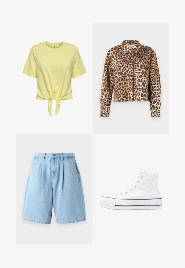 Lauku pelēkā krāsa ar leoparda rakstu izgatavota mākslīgā kažokā, ar apmales apkakli, pogu priekšpusi, divām krūšu kabatām un garām piedurknēm ar aprocēm.; Dzeltena īsām piedurknēm T-krekls, kas izgatavots no mīksta, viegla kokvilnas, ar mezgla detaļu viduklī. Gluda tekstūra un brīva piegriezuma.; Gai zila denima šorti ar brīvu piegulšanu, ar priekšējām krokām, jostas cilpiņām un klasisku piecu kabatu dizainu.; Balti augstie kanvas sporta apavi ar melnu gumijas zoli, priekšējo gumijas purngalu un sešām acīm lencēm, kuriem ir tīrs, minimālistisks dizains.