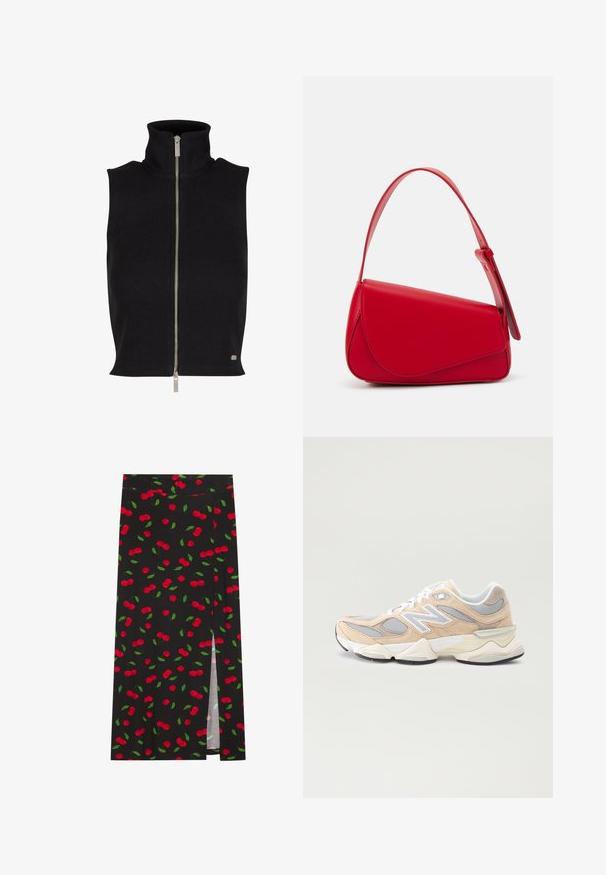 Schwarzes, geripptes, ärmelloses Oberteil mit hohem Kragen und silbernem Reißverschluss. Hat eine glatte Textur und ein kleines Logodetail am Saum.; Schwarzes ärmelloses Turtleneck-Top aus Stretchstoff, mit einem zentralen weißen Levi's-Logo auf einem rechteckigen Patch, mit glatter Textur.; Schwarzer Rock mit Kirschmotiv, roten Kirschen und grünen Blättern. Mit einem Seitenschlitz für zusätzliches Designdetail.; Beige und graue Sportschuhe aus Mesh und Wildleder mit einem gestuften Design, weißen Akzenten und einer gepolsterten Sohle.; Rote Lederhandtasche mit einem kantigen, geometrischen Design. Verfügt über einen verstellbaren Schulterriemen und einen Klappenverschluss mit genähten Details.