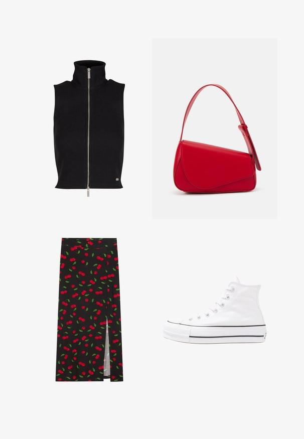 Schwarzes, geripptes, ärmelloses Oberteil mit hohem Kragen und silbernem Reißverschluss. Hat eine glatte Textur und ein kleines Logodetail am Saum.; Schwarzes ärmelloses Turtleneck-Top aus Stretchstoff, mit einem zentralen weißen Levi's-Logo auf einem rechteckigen Patch, mit glatter Textur.; Schwarzer Rock mit Kirschmotiv, roten Kirschen und grünen Blättern. Mit einem Seitenschlitz für zusätzliches Designdetail.; Weiße hochwertige Leinensneaker mit schwarzer Gummisohle, vorderem Gummizehenschutz und sechs Ösen für Schnürsenkel, die ein sauberes, minimalistisches Design aufweisen.; Rote Lederhandtasche mit einem kantigen, geometrischen Design. Verfügt über einen verstellbaren Schulterriemen und einen Klappenverschluss mit genähten Details.