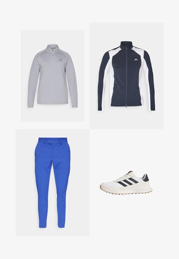 Giacca sportiva navy e bianca con colletto alto, zip completa, maniche lunghe e tasche laterali con zip; presenta il logo sul petto.; Felpa grigia chiara con zip a quarto di collo, maniche lunghe e un logo discreto. Realizzata in un tessuto morbido e testurizzato.; Pantaloni blu slim-fit realizzati in tessuto testurizzato. Presentano una chiusura con bottone, passanti per cintura e caviglie affusolate per un design moderno.; Scarpe da ginnastica bianche con strisce nere, dotate di una suola in gomma testurizzata, parte superiore in pelle liscia e colletto imbottito per supporto.