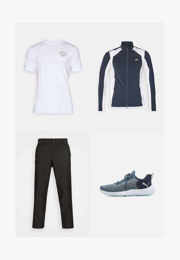 Marineblå og hvit atletisk jakke med høy krage, hel glidelås, lange ermer og glidelåslommer i sidene; har logo på brystet.; Hvit bomull t-skjorte med korte ermer, rund hals og en logo med blomsterdetaljer på venstre brystområde.; Svart bukser laget av glatt stoff med rett snitt, med en øverste knapp og glidelås, designet med sidelommer.; Herreidrettssko med teksturert strikket overdel i blåtoner, støttende hælkappe og hvit gummisåle med mønstre for godt grep.