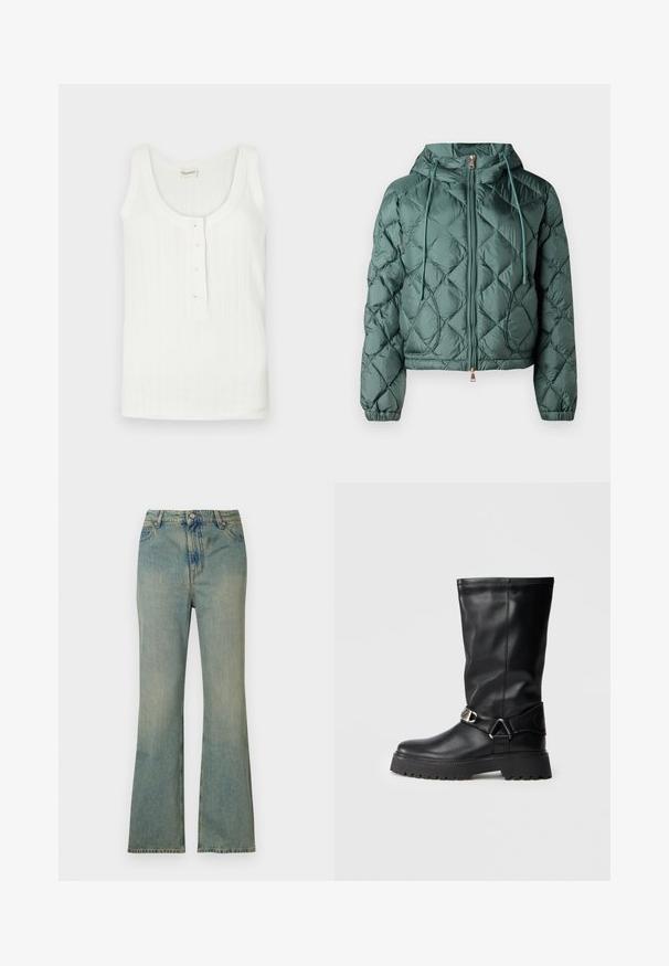 Türeline olevate kanga trükkimisega teal tooni õhuke puffer jope, kapuutsiga, ees lukuga ja kummipaeladega. Omaduseks on teemantmuster ja elastsed mansetid tugeva istuvuse tagamiseks.; Valge ribikangast särk, millel on ümmargune kaelus ja viis nööpi esiküljel. Ilma mustrite ja aksessuaarideta.; Heled sinised jilidööd, kõrge vöökoht, viie tasku ja luku tõmblukk. Puhtad, tuhmunud viimistlusega ja peentel õmblustega.; Mustad kuni põlvedeni saapad, mis on valmistatud siledast nahast, külgedel on pealmise aktsendina pandla ning paksem, tekstuuriga talla osa, mis tagab haarde.