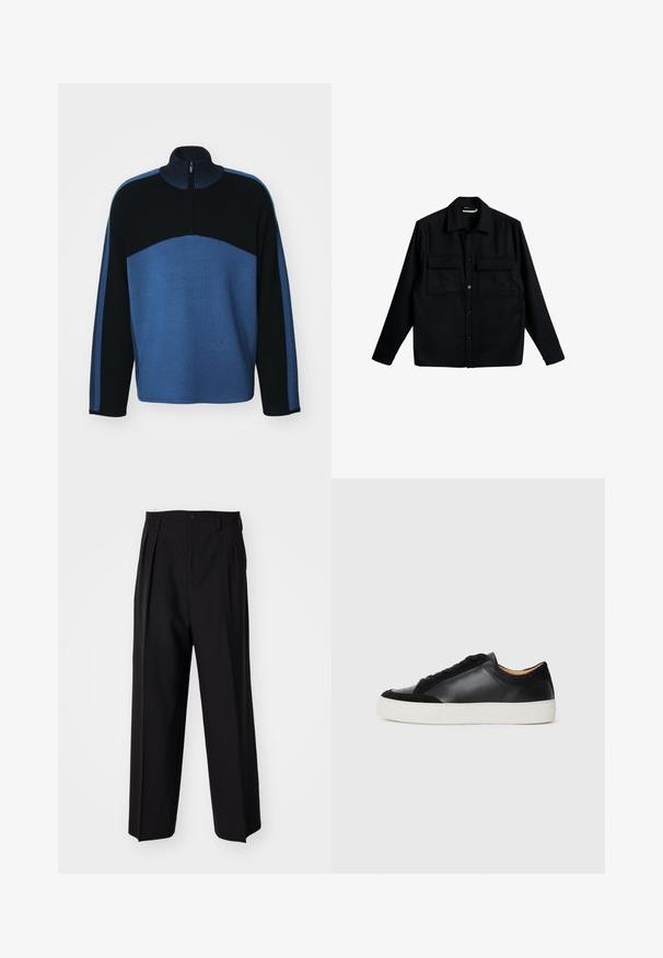 Musta pitkähihaisella nappipaita, jossa on kaksi rintataskua ja klassinen kaulus, esiteltynä tasaisesti valkoista taustaa vasten.; Sininen ja musta, ylös vetoketjulla suljettava pulloveri, jossa on korkea kaulus, ribattu pinta ja pitkät hihat; siinä on harmaanopeat tummansiniset väriblokit.; Mustat laskostetut housut, joissa on suora, leveä lahje. Valmistettu sileästä kankaasta, jossa on nappisuljenta ja vyölenkit.; Musta nahkakengät, joissa on nubukkoristeet, pyöreä kärki, litteä valkoinen kumipohja ja kontrastoivat pinnat varressa ja nauhoissa.