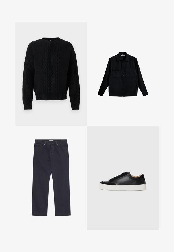 Schwarzes Langarmhemd mit Knopfleiste, zwei Brusttaschen und klassischem Kragen, flach auf einem weißen Hintergrund präsentiert.; Schwarzer Strickpullover mit Zopf- und Waffelmuster, Rundhalsausschnitt, langen Ärmeln und gerippten Bündchen sowie Saum.; Dunkelblaue Denim-Jeans mit geradem Bein, fünf Taschen und einer klassischen Knopf- und Reißverschlussöffnung. Merkmale sind kontrastierende Nähte.; Schwarze Ledersneaker mit Wildlederakzenten, runde Zehenpartie, flache weiße Gummisohle und kontrastierende Texturen am Obermaterial und den Schnürsenkeln.