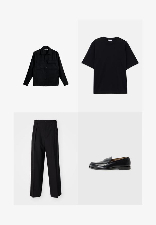 Schwarzes Langarmhemd mit Knopfleiste, zwei Brusttaschen und klassischem Kragen, flach auf einem weißen Hintergrund präsentiert.; Schwarzes, oversized T-Shirt mit kurzen Ärmeln und rundem Ausschnitt, mit sichtbarem Filippa K Markenlabel im Kragen.; Schwarze, plissierte Hose mit geradem, weitem Bein. Hergestellt aus glattem Stoff, mit Knopfverschluss und Gürtelschlaufen.; Schwarze Ledermokassins mit glatter Oberfläche, runder Zehenform, dekorativer Naht und einem kleinen Metallelement an der Vorderseite.