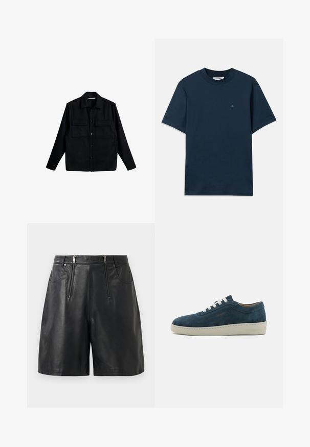 Musta pitkähihaisella nappipaita, jossa on kaksi rintataskua ja klassinen kaulus, esiteltynä tasaisesti valkoista taustaa vasten.; T-paita laivastonsinisestä puuvillasta, jossa on pyöreä kaula-aukko, lyhyet hihat ja hillitty logo painettuna rintaan. Sujuva Textura ja klassinen istuvuus.; Musta tekonahka shortsit, joissa on kaksi etupuolen pystysuoraa vetoketjupötköä ja vyölenkit, esitelty valkoista taustaa vasten.; Sininen mokkakengät pyöreällä varvalla, valkoisilla nauhoilla ja kumipohjalla. Sisältää hienovaraisia ompeleita ja merkkikorostuksen sivussa.