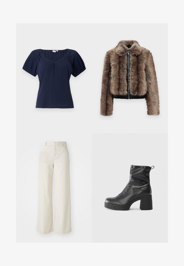 Casaco de pelo sintético castanho e preto com fecho de correr frontal completo, gola, mangas longas e bainha canelada preta em fundo branco liso.; Top azul-marinho de manga curta com decote em forma de U, textura canelada e costuras de ombros franzidas para adicionar forma e volume.; Calças largas numa cor bege clara, feitas de um tecido suave. Apresentam uma cintura clássica e parte da frente lisa com linhas limpas.; Botas de tornozelo pretas feitas de couro liso, com fecho lateral, salto grosso texturizado e design de bico arredondado.