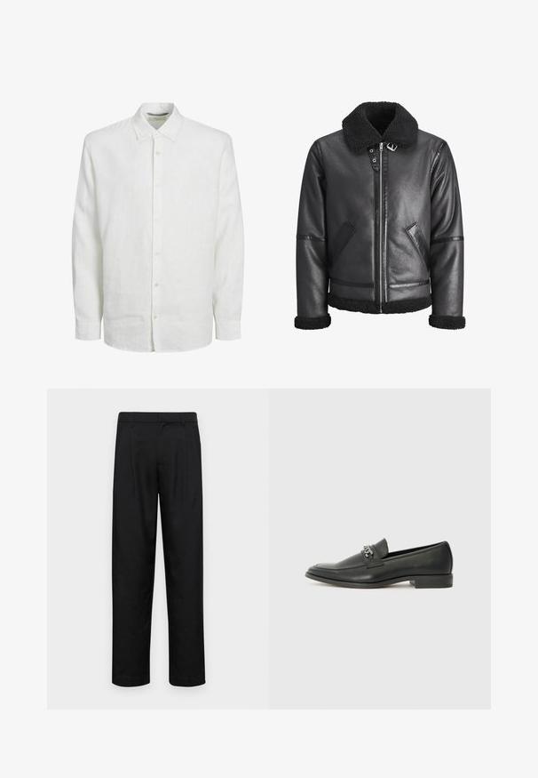 Giacca in pelle nera con colletto in finta pelliccia, chiusura con zip, due tasche laterali e dettagli neri sulle maniche e sull'orlo.; Camicia bianca a maniche lunghe in lino, con chiusura a bottoni, colletto classico e una sottile texture. Le maniche si fermano al polso con polsini a bottoni.; Pantaloni neri realizzati in tessuto liscio, caratterizzati da un taglio dritto, due pieghe frontali e una vita standard con passanti per la cintura.; Mocassino in pelle nera con finitura liscia, caratterizzato da un design cucito e da un accento decorativo in catena metallica sul vamp. Tacco piatto.