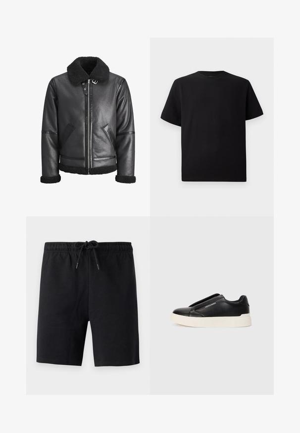 Black leather jacket featuring a faux shearling collar, zip closure, two side pockets, and black accents on sleeves and hem.; Black short-sleeve T-shirt made of textured fabric, featuring a round neckline and a relaxed fit. Simple, no patterns or accents.; Black shorts made of soft fabric. Features an elastic waistband with a drawstring. Plain design, no visible patterns or accents.; Black slip-on sneaker with textured leather upper, white rubber sole, and no visible laces. Features brand logo on the side.