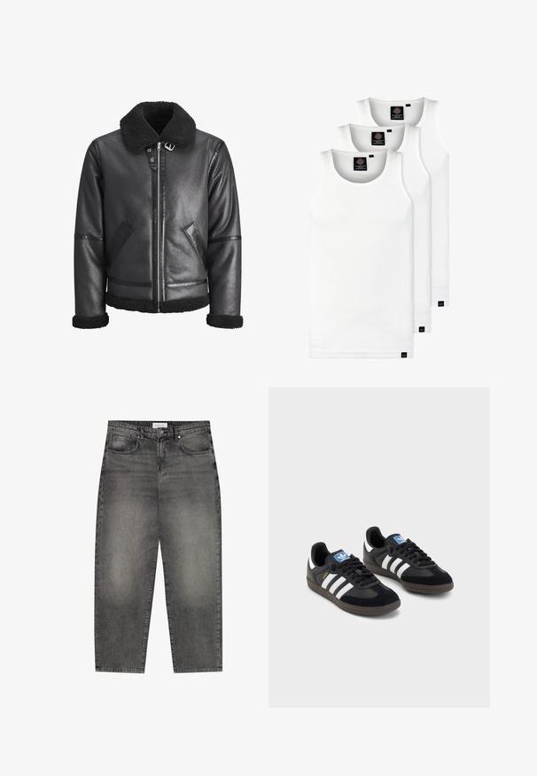 Crna kožna jakna s ovratnikom od umjetne janjeće kože, zatvaranjem na patentni zatvarač, dva bočna džepa i crnim detaljima na rukavima i rubu.; Tri bijele rebraste majice bez rukava od pamuka. Imaju okrugli izrez i male crne oznake blizu rubova. Dostupne su u više veličina.; Sive traperice s labavim krojem, s pet džepova, patentnim zatvaračem i suptilnim izbjeljivanjem. Klasičan kroj ravnih nogavica i top-šivane šavove.; Crne tenisice s gornjim dijelom od antilopa i sintetičkog materijala, s tri bijele pruge, teksturiranom gumenom potplatom i plavom oznakom na jeziku.