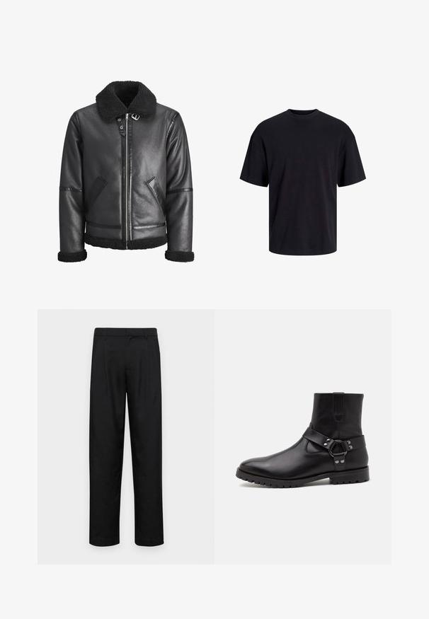 Sort læderjakke med en faux shearling krave, lynlås lukning, to sidelommer og sorte detaljer på ærmerne og nederkanten.; Sort bomulds t-shirt med rund hals, korte ærmer og en afslappet pasform. Glat tekstur uden synlige mønstre eller accenter.; Sorte bukser lavet af glat stof, med et lige ben-design, to frontfolder og en standard talje med bæltestropper.; Sorte læder ankelstøvler med spidse tæer, flade gummisulder og en dekorativ rem med en metalring og nitter. Glat tekstur.