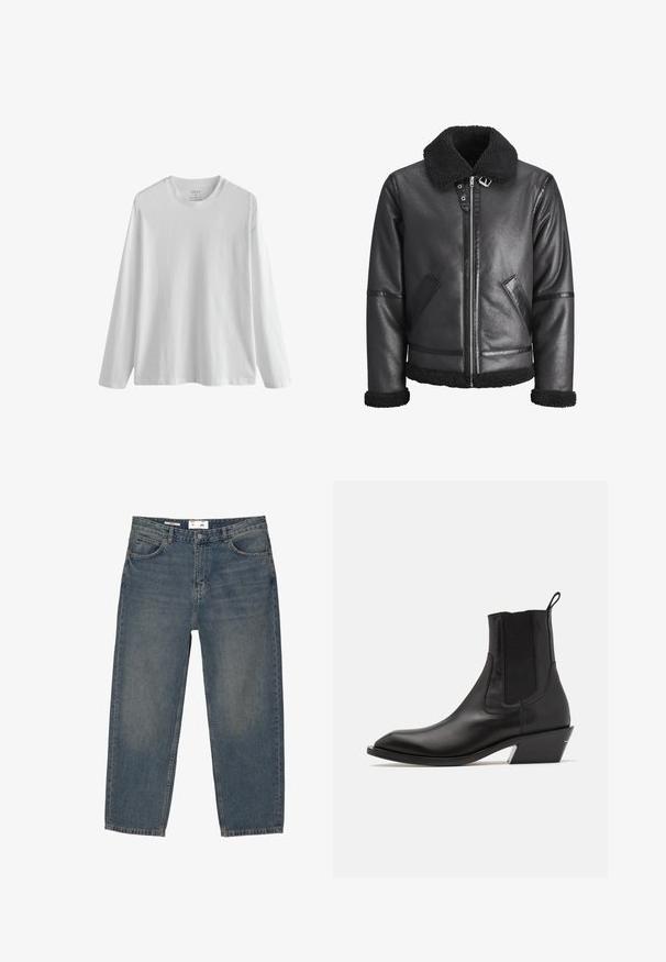 Jachetă din piele sintetică neagră, cu guler din blană sintetică, închidere cu fermoar, două buzunare laterale și accente negre pe mâneci și tiv.; Tricou din bumbac alb, cu mâneci lungi, guler rotund și croi lejer. Textură fină, fără modele sau accente. Eticheta vizibilă în interiorul gulerului.; Jeans din denim albastru, cu o croială lejeră, având un design clasic cu cinci buzunare și o decolorare minimă. Include o închidere cu nasture și prinderi pentru curea.; Botine negre din piele cu vârf ascuțit, panouri laterale elastice și un toc bloc mic cu un accent argintiu. Include un tab de prindere.