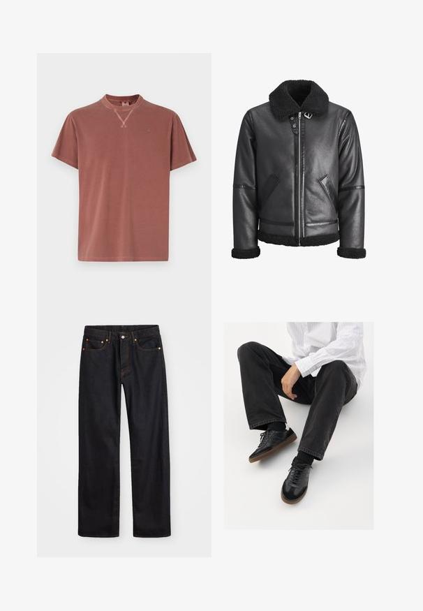 Jachetă din piele neagră cu un guler pufos negru, închidere cu fermoar, buzunare laterale și detalii texturate pe mâneci și tiv.; Tricou cu mânecă scurtă de culoare roz prăfuit, realizat din bumbac moale, cu guler rotund și un logo subtil pe piept.; Jeans negri din denim pentru bărbați, cu croială dreaptă, cinci buzunare și cusături portocalii, închidere cu nasture și fermoar pe talie.; Adidași negri cu un model neted și texturat, având o talpă din cauciuc și șireturi închise la culoare. Asortați cu blugi negri și o cămașă albă cu dungi.