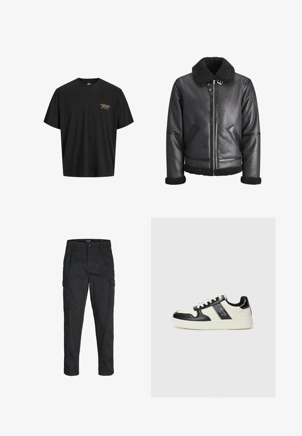Musta nahkatakki, jossa on keinoturkiskollar, vetskari, kaksi sivutaskua ja mustat yksityiskohdat hihoissa ja helmassa.; Musta puuvillapaita, jossa on rento istuvuus. Paitassa on pieni, kultasävyinen logo painettuna vasemmassa rinnassa. Lyhyet hihat ja pyöreä kaula-aukko.; Mustat cargo-housut, jotka on valmistettu kestävästä kankaasta. Housuissa on useita taskuja, nappisulku ja kapea istuvuus, jossa on kapenevat lahkeet.; Nahkakengät musta-kerma värimaailmassa, joissa on rei'itetyt yksityiskohdat, pehmustettu nilkkaosa ja teksturoitu pohja.