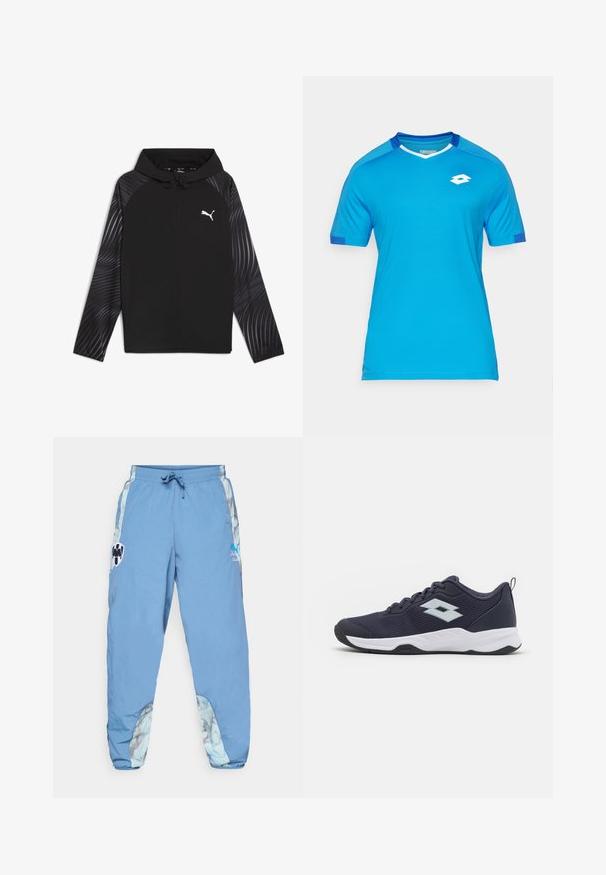 Puma RUN FAVORITE AOP WOVEN JACKET M - Sportinė striukė - black-aop; Mėlynos spalvos trumpomis rankovėmis sportinis marškinėliai, pagaminti iš audinio su orui pralaidžiais akcentais. Įrengtas V formos iškirpimas, baltos spalvos apvadas ir mažas baltas logotipas ant krūtinės.; Šviesiai mėlynos sportinės kelnės su elastine juosta, šoninėmis kišenėmis ir abstrakčiais raštais apatiniuose šonuose. Įvairūs logotipo akcentai.; Lotto MIRAGE 700 - Teniso bateliai įvairiai dangai - navy blue/all white