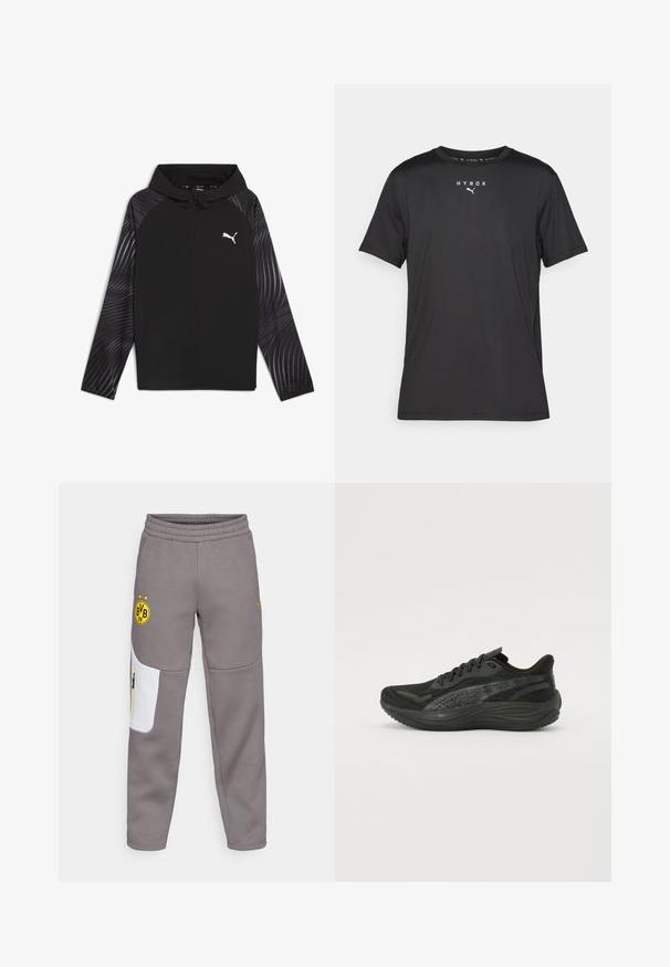 Puma RUN FAVORITE AOP WOVEN JACKET M - Trainingsvest - black-aop; Zwarte sport t-shirt met korte mouwen van lichtgewicht stof. Heeft een ronde hals en gedrukt "HYROX" logo met een Puma-embleem aan de voorkant.; Grijze sweatpants met een witte patch, elastische tailleband, gele logo en gele ritsaccent. Zachte textuur en taps toelopend ontwerp.; Zwarte sportieve schoen met een gestructureerde mesh bovenkant, platte veters en een gevoerde zool met subtiele reflecterende accenten.