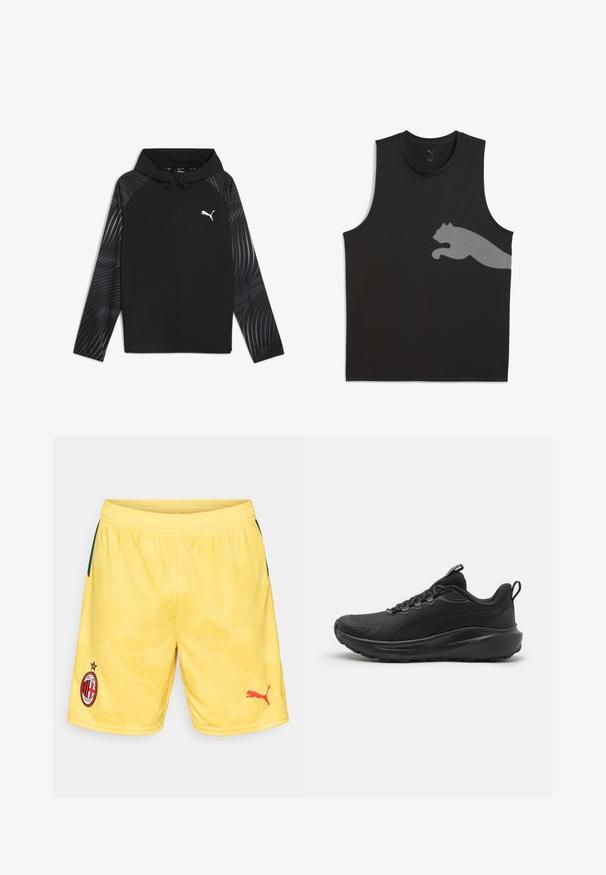 Puma RUN FAVORITE AOP WOVEN JACKET M - Veste de survêtement - black-aop; Débardeur de sport sans manches noir en tissu lisse, avec un logo Puma réfléchissant en gris clair sur le côté gauche.; Shorts de sport jaunes avec un motif texturé, arborant un logo Puma rouge et un blason du Milan AC avec un détail étoile sur la jambe gauche.; Baskets de sport noires avec une tige en mesh texturé, un col rembourré, des lacets et une semelle en caoutchouc. Présentent un design épuré et une construction robuste.